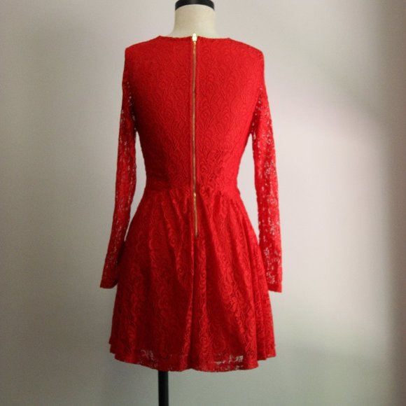 Long Sleeve Red Lace Crochet Cutout Skater Dress - Picture 3 of 9